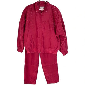 Vintage 80s 90s Silk Windbreaker Sweat Suit Jacket Pants Large Red Quilted